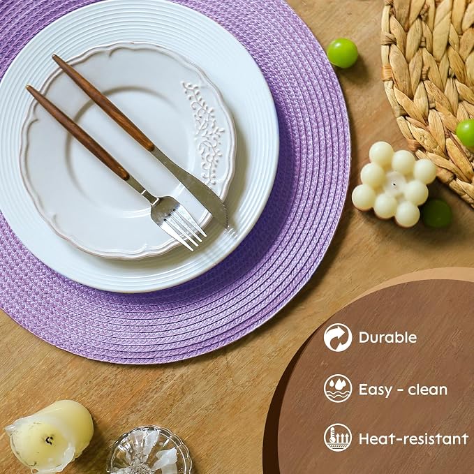 FunWheat Round Braided Placemats Set of 8 Table Mats for Dining Tables Woven Washable Non-Slip Place mats 15 inch(Lavender Purple,8pcs)