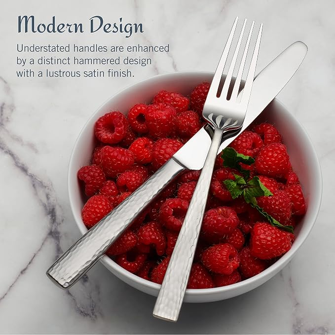 Mikasa Oliver Flatware Set, 65-Piece Service for 12, 18/10 Stainless Steel Silverware with Hammered Design and Satin Finish, Dishwasher Safe Cutlery Set