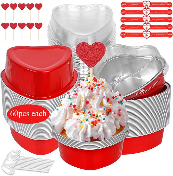 YQER 60 Pack Heart Shaped Cake Pans – 3.4oz Mini Aluminum Foil heart shape Cupcake pan with Lids, Spoons & Heart Stickers – Disposable Mothers Day Baking Tins Supplies for Gifts, Red
