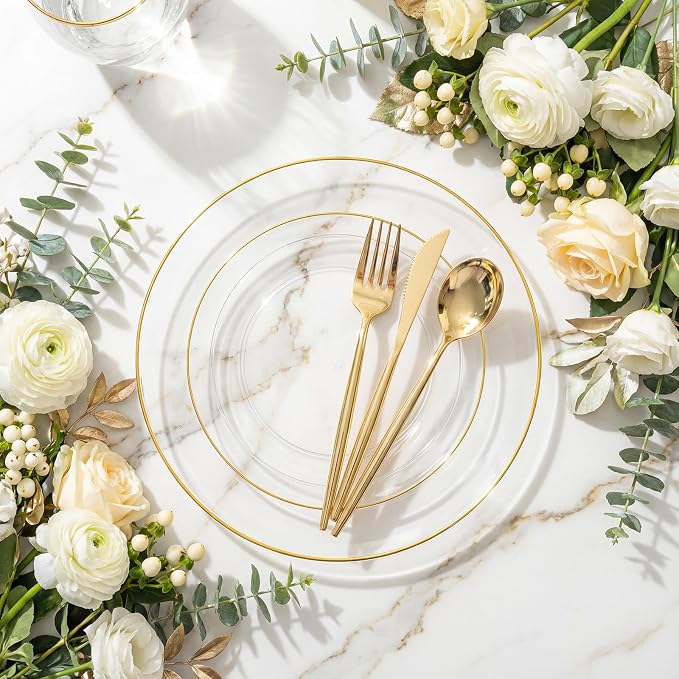150Pcs Clear Plastic Plates,Premium Disposable Plates for Party | Clear Plates Set with Gold Rim Include 30 Dinner Plates,30 Dessert Plates, 90 plastic Silverware Set for Wedding