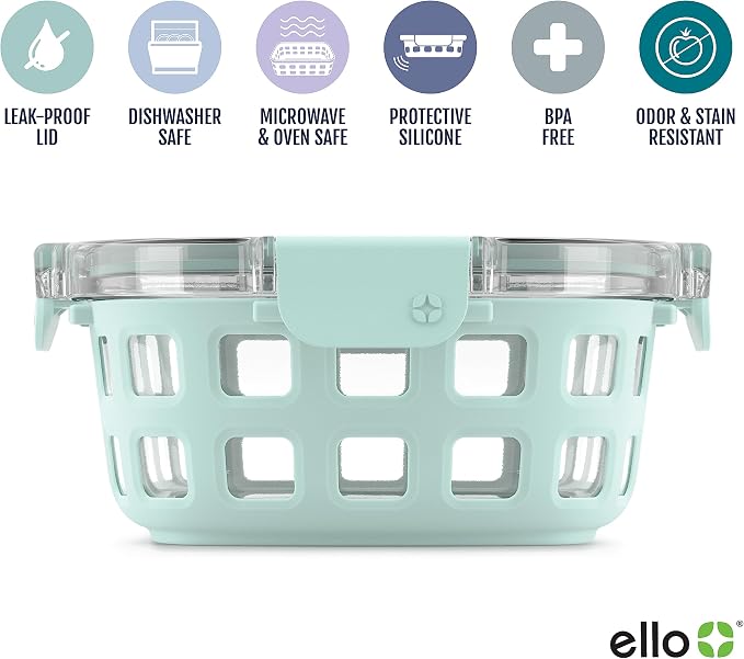 Ello Duraglass 3.4 Cup Round Glass Meal Prep Containers, 10 Pc, Melon | Glass meal prep set with silicone sleeves, leakproof BPA-free lids, microwave and oven safe, freezer and dishwasher safe