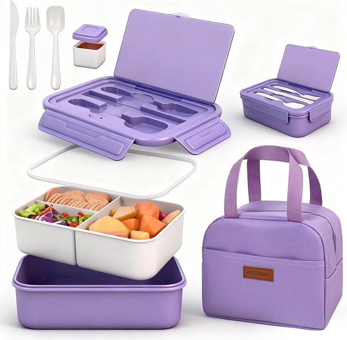 Bento Box Set for Women & Girl, 1100ml Stackable Containers Purple | Includes lunch bag, spoon, fork, sauce box,BPA-free & dishwasher safe,For adults.child, school, work, office, travel, picnic