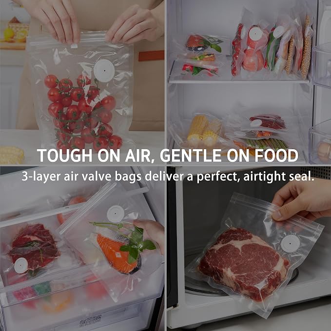 Syntus 30 Pcs Reusable Vacuum Sealer Bags for Food, 8"x10" Small Size | Upgraded Air Valve, Microwave Freezer Sous Vide, Food Storage, Leak-Proof, for Compact Vacuum Sealer