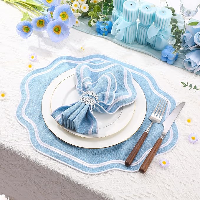 6-Piece Scalloped Embroidered Placemats - 17" x 13" Double-Layered Cotton Table Mats for Wedding, Party & Holiday Decor (Light Blue)