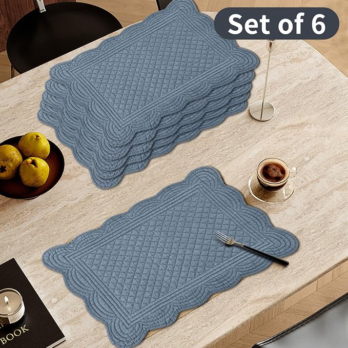 6 PC Quilted Placemats, 18"X13"Extra Large Cotton Placemats Set of 6, 100% Cotton Fabric Washable Cloth Table Mats for Kitchen & Dining Table - Soft &Easy Clean(Navy Blue, Rectangular)