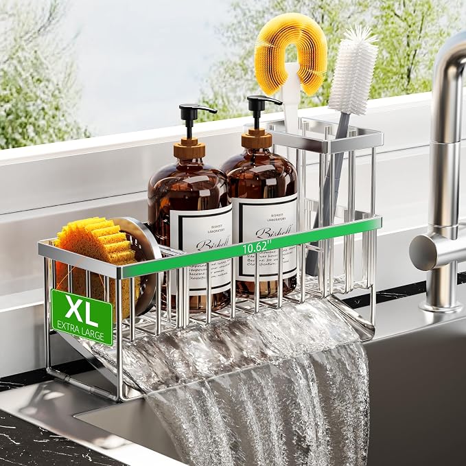 Cisily Extra Large Silver Kitchen Sink Caddy Organzier with High Brush Holder, Sponge Holder for Sink, 304 Rustproof Stainless, Kitchen Countertop Soap Dispenser Organizer For Decor and Accessories