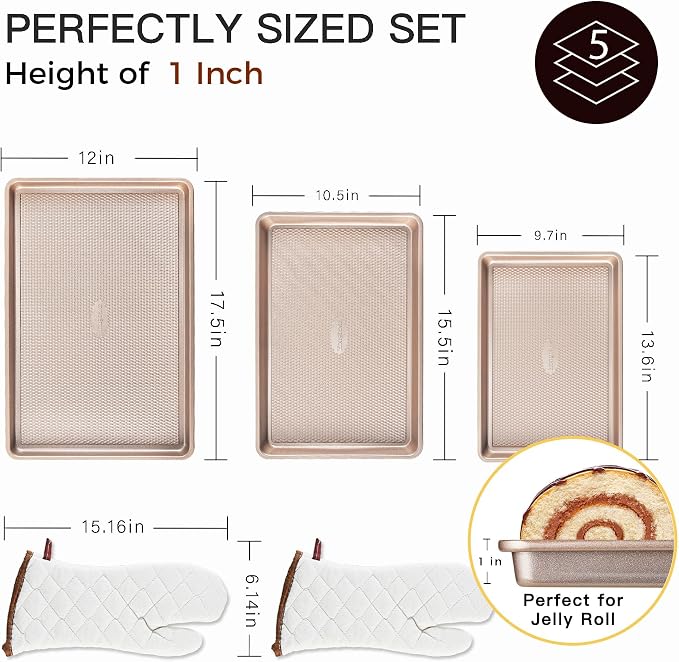 3 Pack Gold Nonstick Baking Sheet Pan Set with Oven Mitts Heat Resistant, Non-Toxic Half/Quarter/Jelly Roll Pans with Diamond Texture Pattern, Heavy Duty 0.8mm Thick Cookie Trays for Cooking