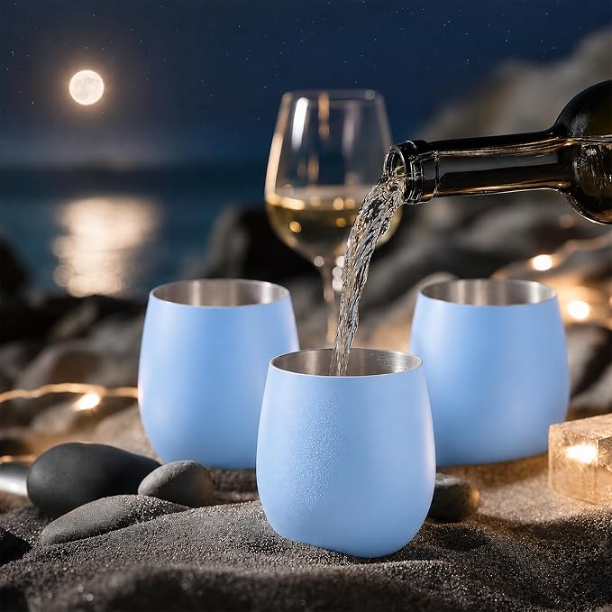 K&K Home Stainless Steel Unbreakable Stemless Wine Glasses - 15 oz - Set of 4 Colored, Stemless Metal Wine Glasses Perfect for Outdoors, Weddings, and Parties (Matte Blue)