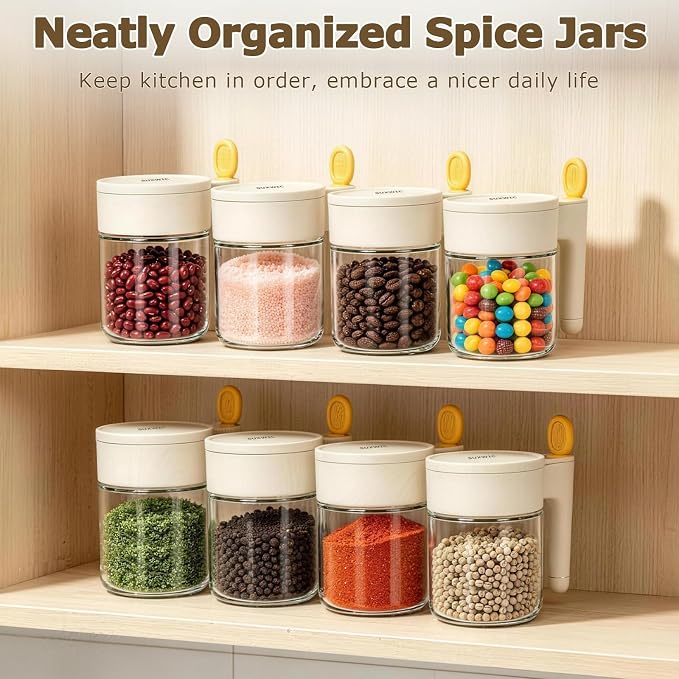 Spice Jars with Spoons,4-Pack 13.5OZ Glass Pantry Storage Containers | Seasoning Containers with Lids for Storage Dry Goods in Pantry & Cabinet, Glass Meal Prep Containers for Snacks Spice Sugar