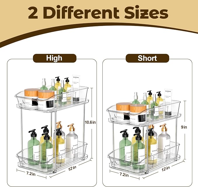incostar 2 Tier Pull-Out Storage Organizer for Bathroom and Kitchen, Under Sink Organizer with Dividers, Ideal for Organizing Cupboard,Bathroom Vanities,Cabinet, Slide-Out Clear Storage, 4 Pack