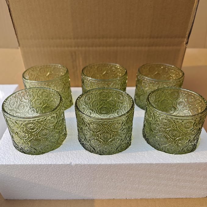 Green Vintage Drinking Glasses Set of 6, 14 oz hobnail drinking glasses Glassware Embossed Green Water Tumbler for Beer, Juice, Cocktail, Whiskey, Milk