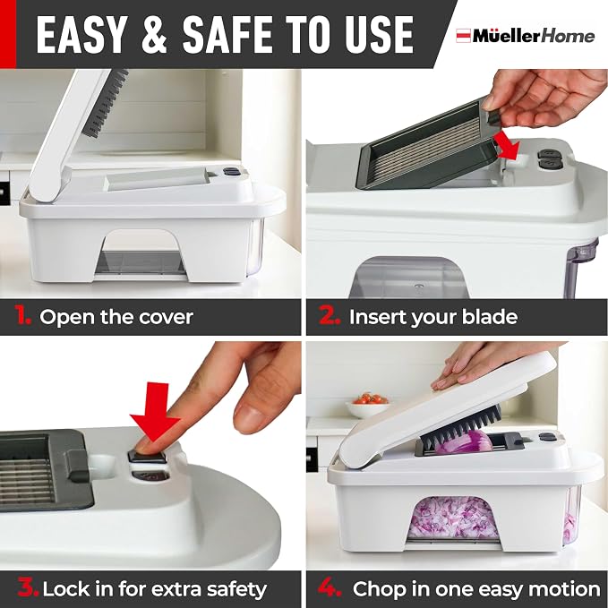 Mueller Pro-Series All-in-One, 12 Blade Mandoline Slicer for Kitchen | Spiralizer, Food Chopper, Vegetable Slicer, Cutter, Dicer, Grater, Kitchen Gadgets with Container, White Sand/Gray
