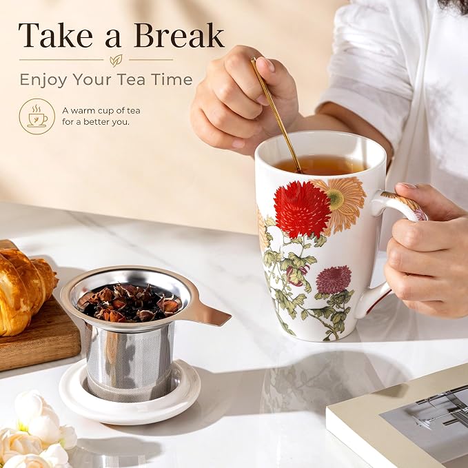 AmorArc Tea Cup With Infuser and Lid, 18oz Loose Leaf Tea Mug With Steeper | Porcelain Tea Mug With Infuser and Lid, Strainer Tea Cup for Tea Lovers, Home & Office, Housewarming Birthday Gift