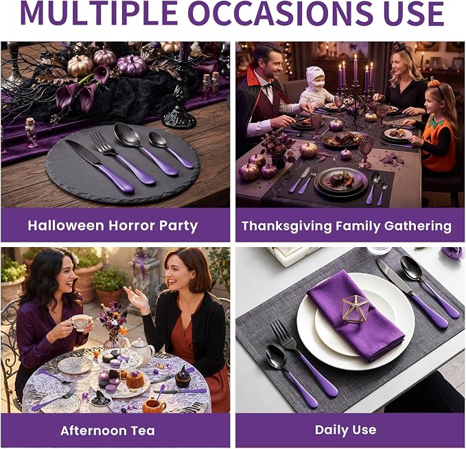 Black and Purple Flatware Set with Holder, 24-Piece Stainless Steel Silverware Set Service for 6, Mirror-Polished Spoons Forks Knives Cutlery Set for Home, Kitchen, Restaurant (Purple-Black)