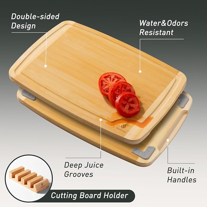 Bamboo Cutting Board Set Non Slip Feet with Holder Over Sink Men Birthday Christmas Valentines Father Day Gifts Ideal from Wife Romantic Anniversary Best Cool Gadget Awesome Who Have Everything