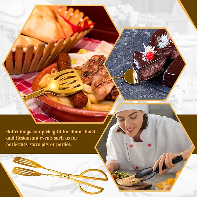 19 Pcs Serving Utensils Set Stainless Steel Tongs,Gold | Includes Spatulas Forks Spoons Perforated Skimmers, Parties Buffet Professional Kitchen Tools Home Gatherings Events