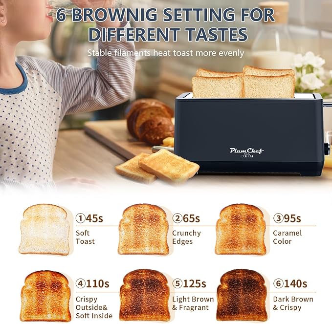 Plum chef 4-Slice Toaster, Extra Wide Long Slot Toaster, 6 Browning Settings, Bagel/Defrost/Reheat Functions, Removable Crumb Tray, Stainless Steel Housing 1350W，Black