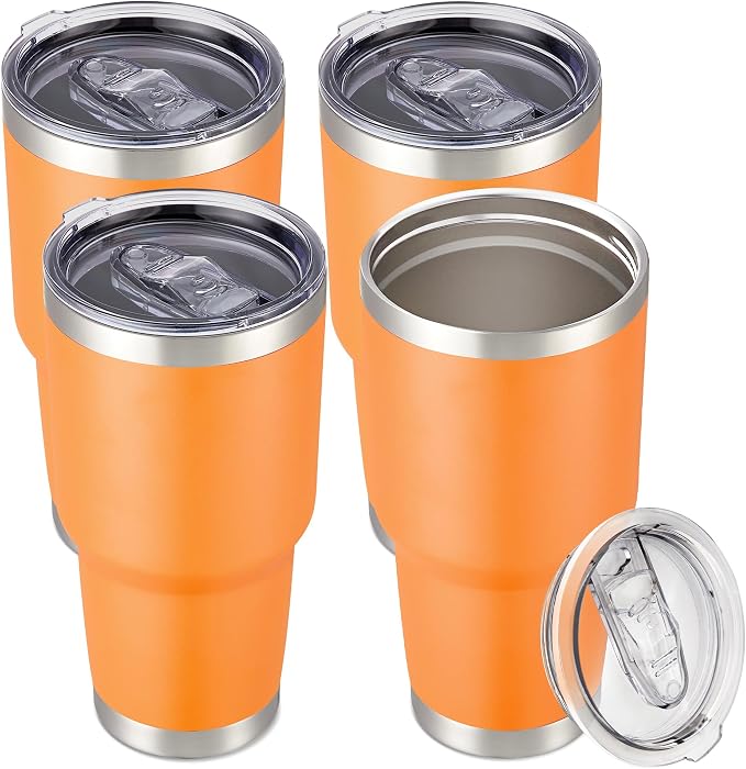 30 oz Tumbler with Lid Stainless Steel Tumblers Bulk, 4 Pack | Vacuum Insulated Cup, Leak Proof Lid, Powder Coated Travel Mug, Double Wall, Keep Cold Drinks for 12 Hours, Orange