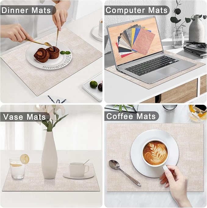 Homaxy PU Faux Leather Placemats for Dining Table, Set of 6, Beige | Waterproof Wipeable Washable Table Mats, Easy to Clean Anti-Slip Place Mats, 11.8" x 17"