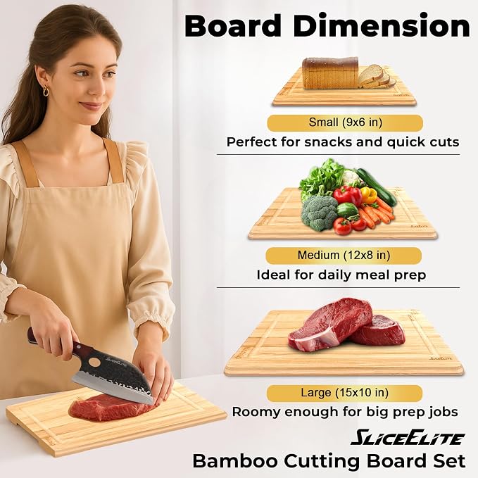 SliceElite Bamboo Cutting Board Set of 3 Wooden Cutting Boards for Kitchen with Juice Grooves Side Handles Bamboo Chopping Boards for Meat Vegetables Fruit Bread Charcuterie Meal Prep Serving Tray Set