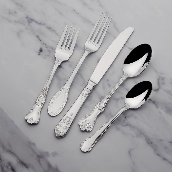 Wallace Hotel 77-Piece Flatware Set, 18/10 Stainless Steel Silverware Set for 12 with Filigree Handles, Dishwasher Safe Cutlery Set for Formal Dining