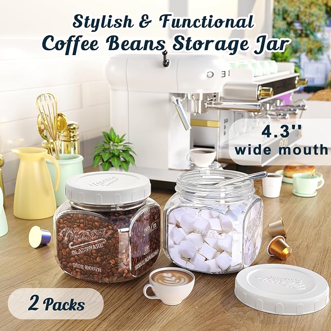 Glass Cookie Jar with Airtight Lid, 2 Pack 64 Oz Canning Jars | Half Gallon Mason Jar Wide Mouth for Food Storage, Flour, Sugar, Pasta, Sourdough - Square Glass Storage Container with Scale