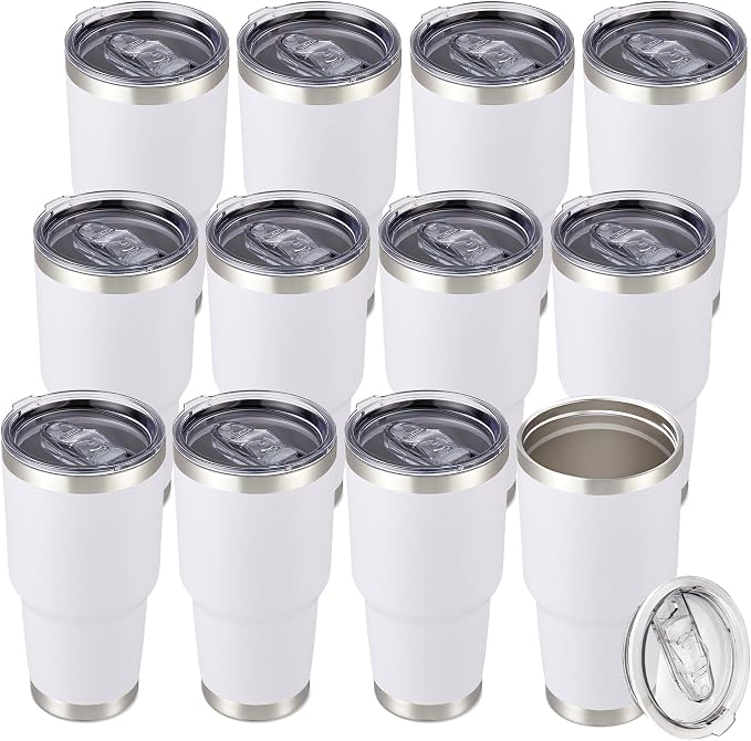 30 oz Tumbler with Lid Stainless Steel Tumblers Bulk, 12 Pack | Vacuum Insulated Cup, Leak Proof Lid, Powder Coated Travel Mug, Double Wall, Keep Cold Drinks for 12 Hours, White