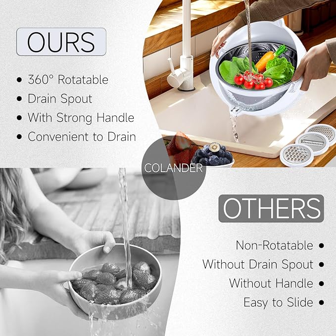 4-1 Strainer with Bowl Set - Rotatable Colander for Kitchen(Patented) - Strainers and Colanders - Pasta Strainer with New Upgraded Graters for Fruit Veggie Fun Kitchen Presents - White