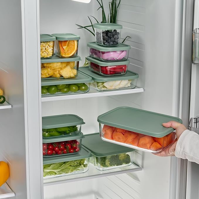 Glass Food Storage Containers with Lids — 8 Piece — 57.5 oz & 40.57 oz Glass with BPA-Free Leakproof Stackable Lids — Microwave, Oven & Dishwasher Safe — Ideal for Meal Prep & More - Soft Sage