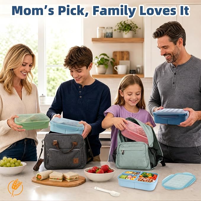 Itopor Bento Box for Kids & Adults, Lunch Box 46 oz / 1400ml, Pale Blue | Wheat straw material, BPA-free, leakproof, 3 compartments, microwave & dishwasher safe, for school, office & travel