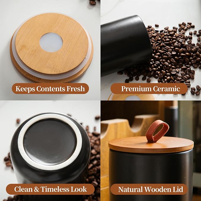 Mowtanco Black Ceramic Canister & Jar Set, Airtight Bamboo Lids 3-Piece | 30/48/82 oz airtight storage containers jars for flour, sugar, tea, coffee, pasta, nuts, kitchen counter canister set