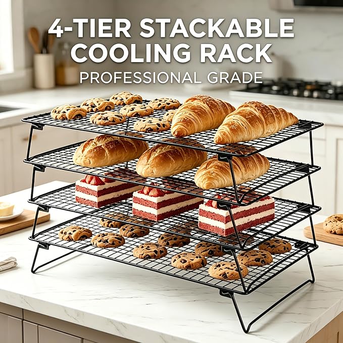 Cooling Rack for Baking 4 Tier, 17" * 11" Cookie Cooling Wire Rack for Roasting Grilling, Stackable Baking Racks for Cooking, Bread, Pizza, Cake, Oven and Dishwasher Safe
