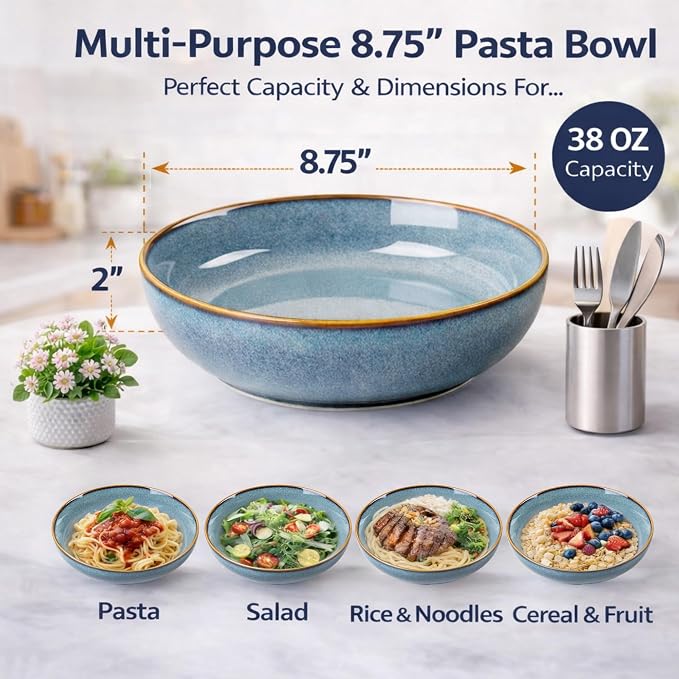 GBhome 8.75'' Large Ceramic Pasta Bowls, 38oz Stoneware Pasta Serving Bowls Set of 4 for Kitchen, Wide Bowls for Fruit,Pasta,Salad,Oatmeal,Meal, Microwave Safe, Reactive Glaze-Space Blue