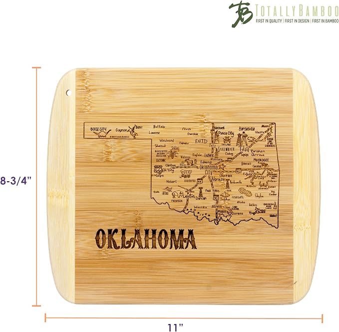 Totally Bamboo A Slice of Life Oklahoma Engraved Map Cutting Board | 11” x 8.75” charcuterie board with engraved state map artwork. Smooth reverse side for food prep. Hang tie for wall display.