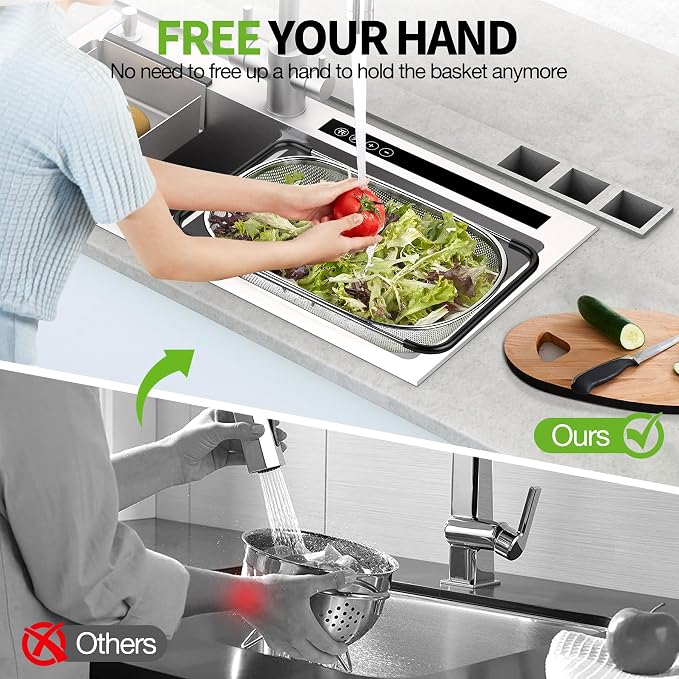 FirstE Stainless Steel Over the Sink Colander Strainer Basket 6 Quart | Fine Mesh Colander with Expandable Anti-slip Rubber Grip Handles, Kitchen Vegetable Strainer for Drain Pasta, Rinse Fruits