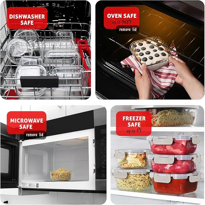 EATEX 16pc Glass Storage Containers with Lids, 8 Glass Food Storage Containers with 8 Airtight Lids for Pantry & Kitchen, Meal Prep Containers for Lunch, Oven Freezer Microwave & Dishwasher Safe