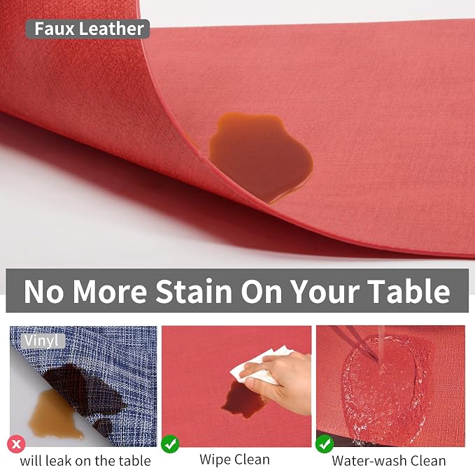 Maxpearl Faux Leather Placemats Set of 8, Easy to Clean, Light Red | Waterproof - Heat Resistant - Non Slip - Wipe Clean Dining Table Place Mats, Suitable for Indoor & Outdoor Use, 17''×12''