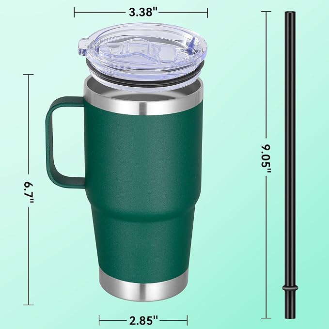 20 oz Stainless Steel Tumbler with Handle Bulk Metal Insulated Tumblers Travel Coffee Mug with Handle Double Wall Tumbler Cup with Lid and Straw, Dark Green 6 Pack