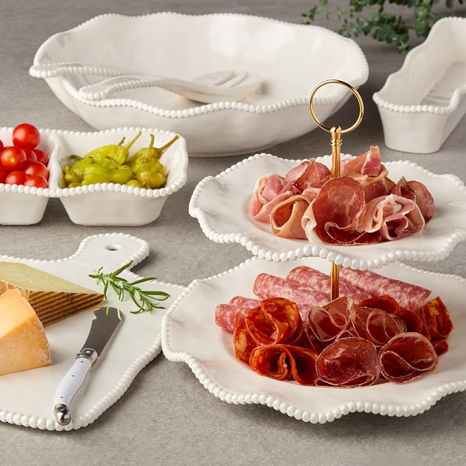 Perlette Off-White Beaded 12-Piece Dinnerware Set – Includes 4 Dinner Plates, 4 Salad Plates, 4 Bowls (7.5" x 2", 22 oz) – Elegant Unbreakable Melamine, Heavyweight, Perfect for Indoor/Outdoor Dining