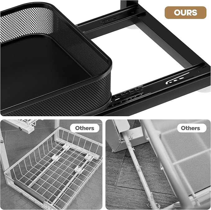 1 Pack Under Sink Storage Organizer with 2-Tier Slide Out Drawer, Sophisticated Mesh Pull Out Shelf for Kitchen & Bathroom, Fits Small Items, Upgraded Arched Track for Smooth Gliding-Black
