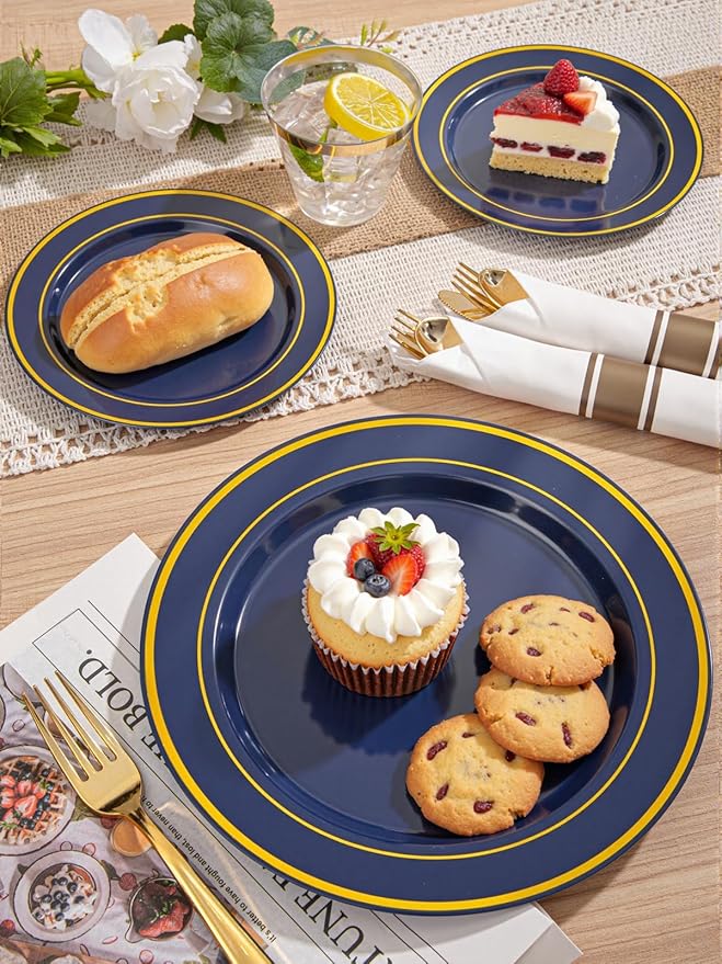 350PCS Navy Blue and Gold Plastic Plates with Rolled Napkins Include Dinner Plate 10’’, Dessert Plate 7’’, gold Cups 9 OZ, Pre Rolled Napkins for Birthday/Wedding/Party