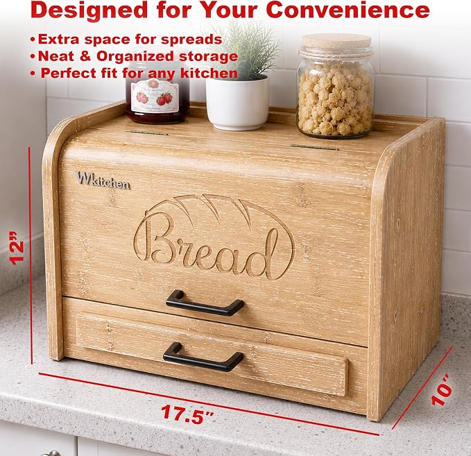 KNIFEPLANET Premium FULLY ASSEMBLED Bamboo Bread Box – Extra Large Real Wood Bread Box for Kitchen Countertop Storage, Thick Durable Construction, Double Layer Design (17.5" x 10" x 12")