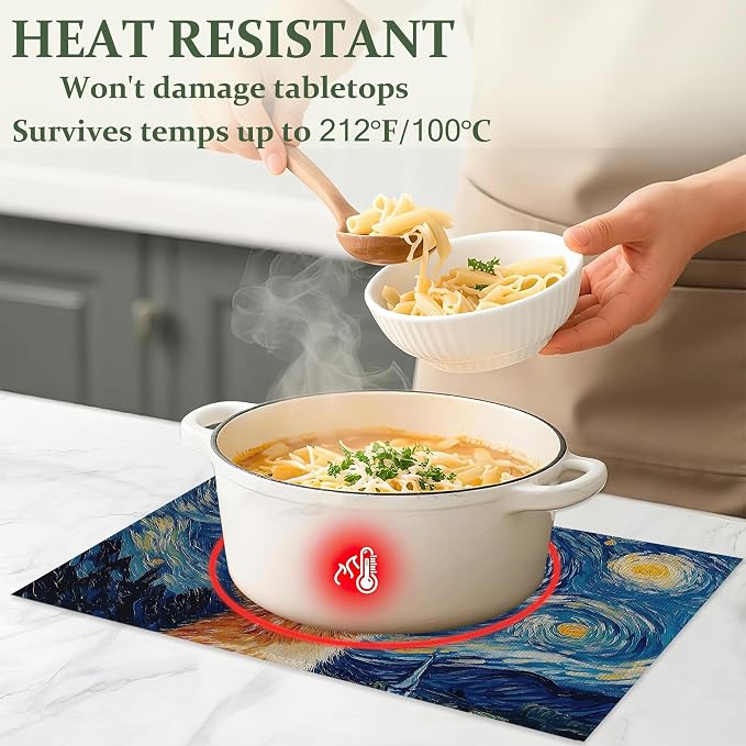 Cute Cat Cloth Placemats,Blue Starry Sky Heat-Resistant Table Placemats Set of 6, Washable Linen Place Mats for Dining Room Table Decor Home Restaurant Cafes Holiday Party 11.8x17.7 Inch