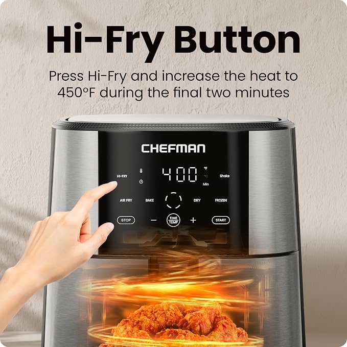 Chefman Air Fryer 8 Qt | TurboFry® 4-in-1 with 450°F Hi-Fry Option for Crispier Results | Bake, Dehydrate, Frozen | XL Nonstick Dishwasher-Safe Basket | Stainless Steel