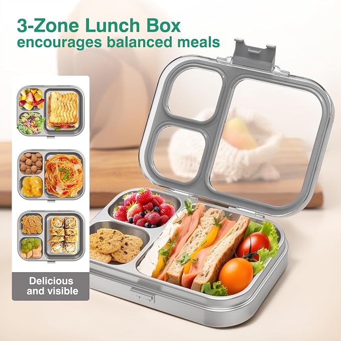 HOMEKOL Stainless Steel Bento Lunch Box, Grey, 3.3Cups | 3-Compartment,Leak-Proof, for Kids & Adults, BPA-Free, Dishwasher Safe, Clear Tritan Lid, 800ml (Not Insulated)