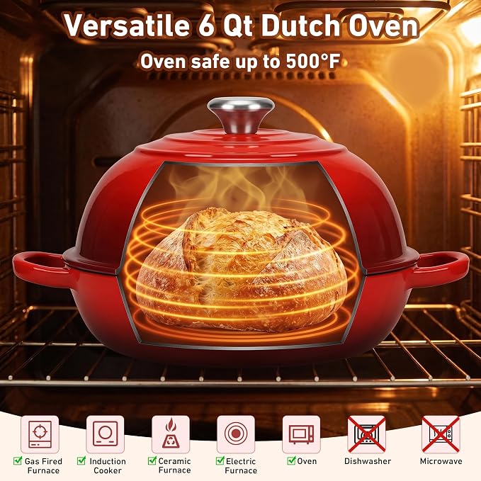 Cast Iron Dutch Oven with Lid, 6 Quart Enameled Bread Oven for Sourdough Baking, Round Heavy Duty Cast Iron Pot with Dome Lid, Red