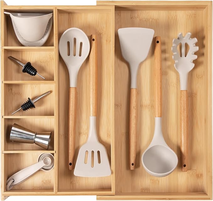 Utensil & Junk Drawer Organizer, 10.5-19 in, Bamboo | Food-safe contract grade, 100% sustainable wood, non-slip, adjustable