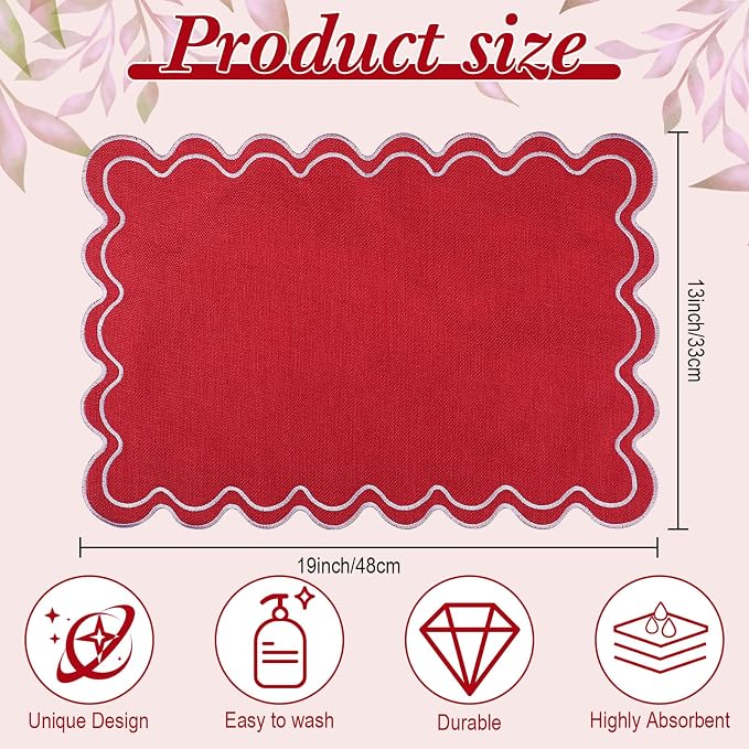 HunnmingRe Red with White Set of 6 Cotton Linen Wedding Placemats, 13x19 Inch Scalloped Wavy Embroidery Placemat Double Layered Washable Rustic Rectangle Dinner Table Mat for Home Decor