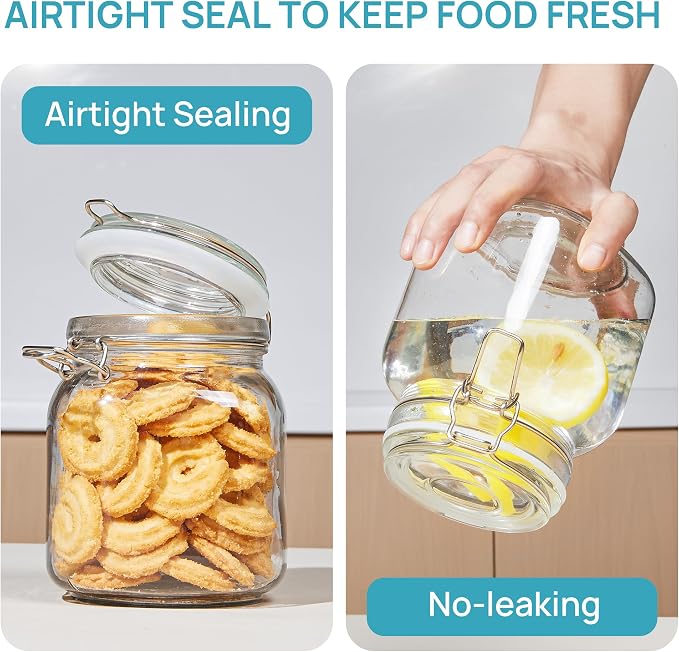 Vtopmart 34oz Glass Food Storage Jars with Airtight Clamp Lids, 3 Pack | Kitchen Canisters for Flour, Cereal, Coffee, Pasta and Canning, Square Mason Jar with 8 Chalkboard Labels
