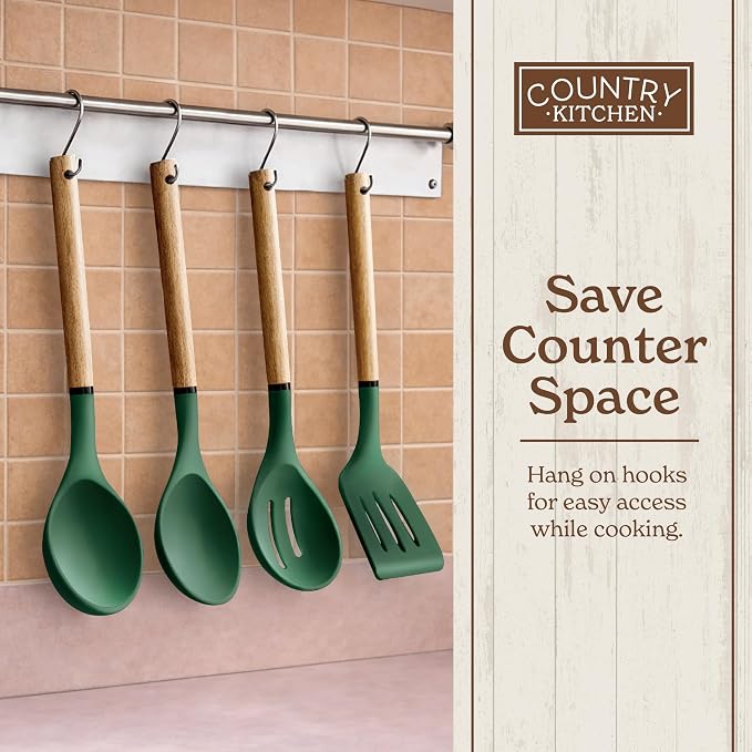 Country Kitchen Non Stick Silicone Utensil Set with Rounded Wood Handles for Cooking and Baking, 8 Piece Set, Green